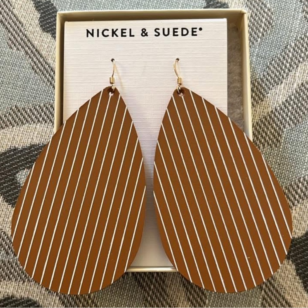 Nickel & Suede London Tan Pinstripe Large Teardrop Earrings
